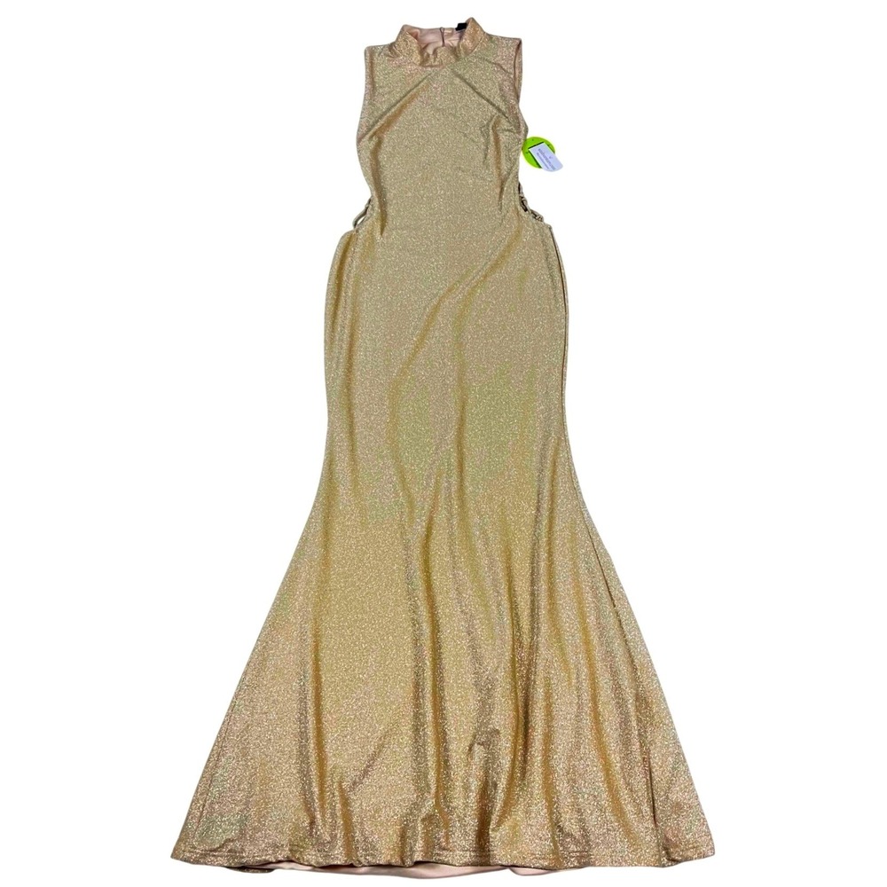 Windsor Gold Glitter Mock Neck Lace Up Side Mermaid Formal Gown Dress Large NWT